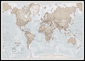 Large The World Is Art - Wall Map Neutral (Canvas Floater Frame - Black)