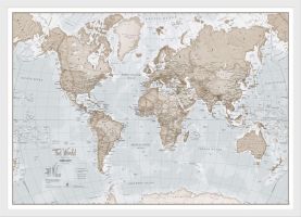 Small The World Is Art - Wall Map Neutral (Wood Frame - White)