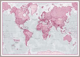 Huge The World Is Art - Wall Map Pink (Pinboard & framed - Silver)