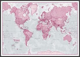 Large The World Is Art - Wall Map Pink (Pinboard & wood frame - Black)