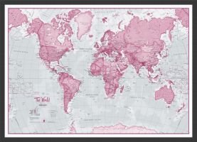 Small The World Is Art - Wall Map Pink (Wood Frame - Black)