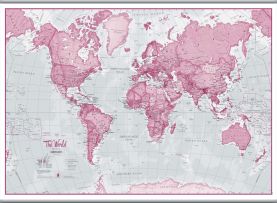 Large The World Is Art - Wall Map Pink (Rolled Canvas with Hanging Bars)