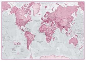 Large The World Is Art - Wall Map Pink (Rolled Canvas - No Frame)