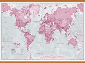 Huge The World Is Art - Wall Map Pink (Wooden hanging bars)