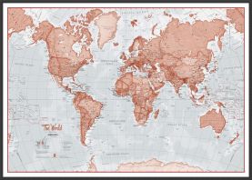 Large The World Is Art - Wall Map Red (Wood Frame - Black)