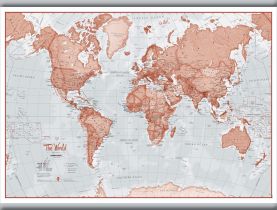 Medium The World Is Art - Wall Map Red (Rolled Canvas with Hanging Bars)