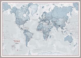 Huge The World Is Art - Wall Map Teal (Magnetic board mounted and framed - Brushed Aluminium Colour)