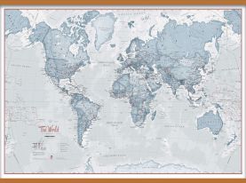 Large The World Is Art - Wall Map Teal (Rolled Canvas with Wooden Hanging Bars)