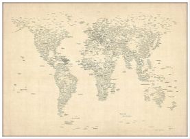 Large Typography World Map of Cities (Pinboard & wood frame - White)