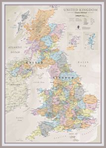 Huge UK Classic Wall Map (Magnetic board mounted and framed - Brushed Aluminium Colour)