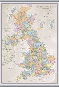Medium UK Classic Wall Map (Rolled Canvas with Hanging Bars)