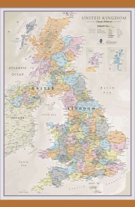Medium UK Classic Wall Map (Wooden hanging bars)