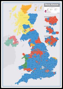 Large UK Parliamentary Constituency Boundary Wall Map (December 2019 results) (Pinboard & framed - Black)