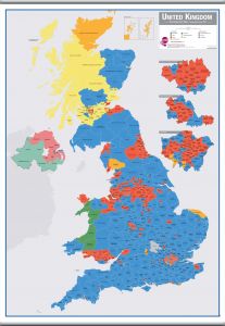 Huge UK Parliamentary Constituency Boundary Wall Map (December 2019 results) (Rolled Canvas with Hanging Bars)