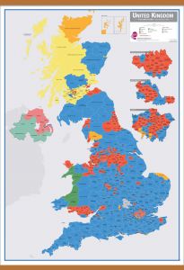 Large UK Parliamentary Constituency Boundary Wall Map (December 2019 results) (Wooden hanging bars)