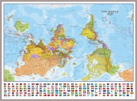 Large Upside-down World Wall Map Political with flags  (Magnetic board mounted and framed - Brushed Aluminium Colour)