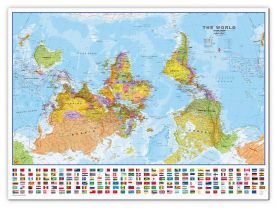 Huge Upside-down World Wall Map Political with flags  (Canvas)