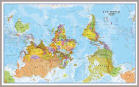 Huge Upside Down World Wall Map Political (Magnetic board mounted and framed - Brushed Aluminium Colour)