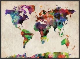 Large Urban Watercolor Map of the World (Wood Frame - Black)