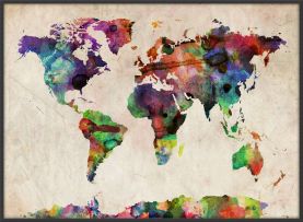 Large Urban Watercolor Map of the World (Canvas Floater Frame - Black)