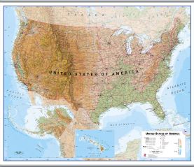 Large USA Wall Map Physical (Rolled Canvas with Hanging Bars)