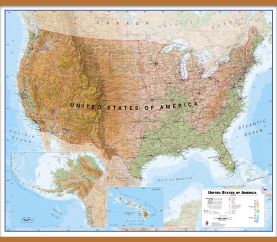 Large USA Wall Map Physical (Rolled Canvas with Wooden Hanging Bars)