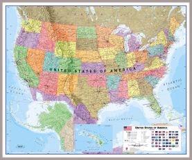 Huge USA Wall Map Political (Magnetic board mounted and framed - Brushed Aluminium Colour)