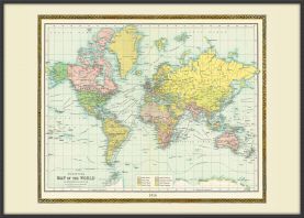 Large Vintage Bartholomew Political World Map 1914 (Wood Frame - Black)