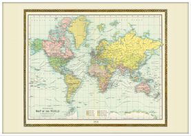 Large Vintage Bartholomew Political World Map 1914 (Wood Frame - White)