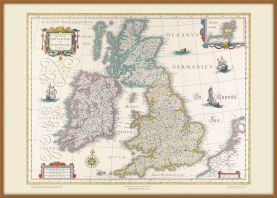 Large Vintage British Isles World Map Willem and Johan Blaeu 17th Century (Wood Frame - Teak)