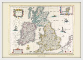 Small Vintage British Isles World Map Willem and Johan Blaeu 17th Century (Wood Frame - White)