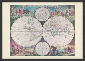 Small Vintage Double Hemisphere World Map 1689 (Pinboard & wood frame - Black)