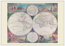 Large Vintage Double Hemisphere World Map 1689 (Wood Frame - White)