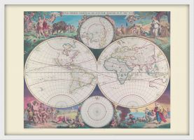 Medium Vintage Double Hemisphere World Map 1689 (Wood Frame - White)