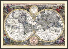 Large Vintage Double Hemisphere World Map 1700 (Canvas Floater Frame - Black)