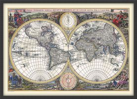 Small Vintage Double Hemisphere World Map 1700 (Pinboard & wood frame - Black)