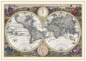 Large Vintage Double Hemisphere World Map 1700 (Wood Frame - White)