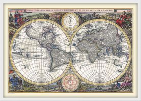 Medium Vintage Double Hemisphere World Map 1700 (Wood Frame - White)
