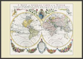 Large Vintage French Double Hemisphere World Map c1700 (Canvas Floater Frame - Black)