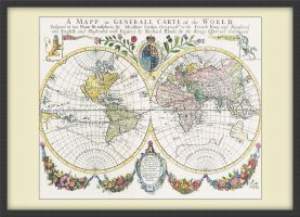 Medium Vintage French Double Hemisphere World Map c1700 (Pinboard & wood frame - Black)