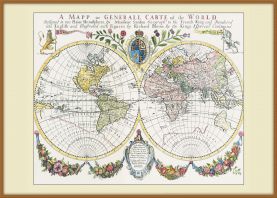 Large Vintage French Double Hemisphere World Map c1700 (Pinboard & wood frame - Teak)