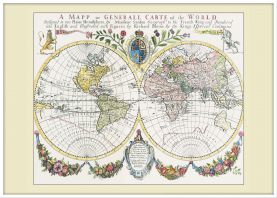 Large Vintage French Double Hemisphere World Map c1700 (Wood Frame - White)
