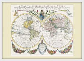Medium Vintage French Double Hemisphere World Map c1700 (Wood Frame - White)