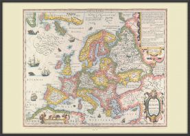 Large Vintage Gerard Mercator Europe Map 1606 (Canvas Floater Frame - Black)