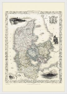 Medium Vintage John Tallis Map of Denmark 1851 (Wood Frame - White)