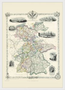 Small Vintage John Tallis Map of Germany 1851 (Pinboard & wood frame - White)