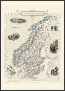 Large Vintage John Tallis Map of Sweden and Norway 1851 (Pinboard & wood frame - Black)