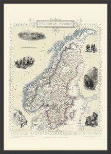 Small Vintage John Tallis Map of Sweden and Norway 1851 (Pinboard & wood frame - Black)