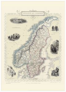 Large Vintage John Tallis Map of Sweden and Norway 1851 (Pinboard & wood frame - White)