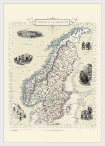 Medium Vintage John Tallis Map of Sweden and Norway 1851 (Pinboard & wood frame - White)